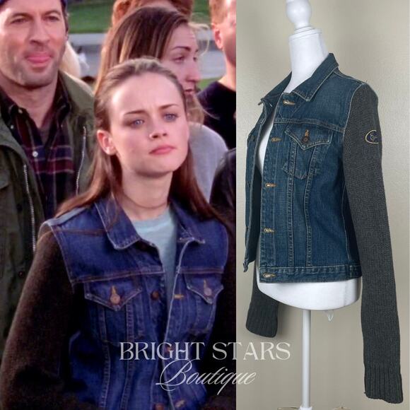Rare Knit Wool Sleeve Denim Jacket ASO Rory Gilmore Girls Vintage Casual Y2K - Picture 3 of 12